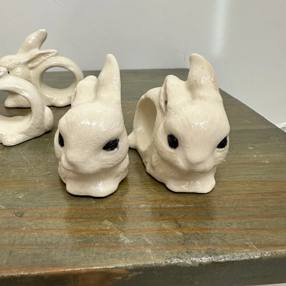 Set Of 6 Ceramic White Bunny Rabbit Napkin Ring Holders Handmade Easter Bunnies